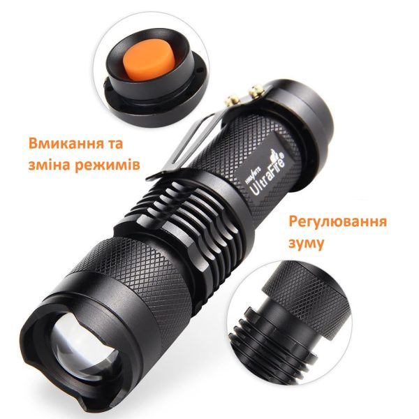 Ліхтарик кишеньковий світлодіодний UltraFire SK68 7Вт 300 люмен IP65 на акумуляторі 14500 із зумом та кліпсою Ліхтарик кишеньковий світлодіодний UltraFire SK68 7Вт 300 люмен IP65 на акумуляторі 14500 із зумом та кліпсою
